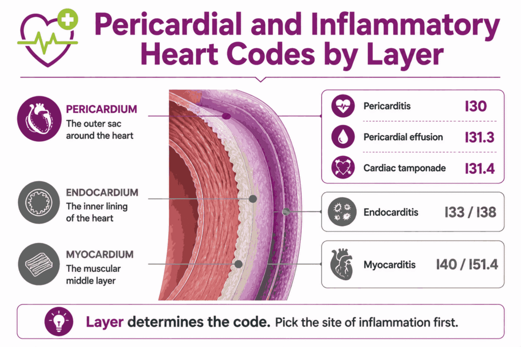 Heart wall cross-section mapping pericardial, endocardial, and myocardial inflammation ICD-10 codes by layer.
