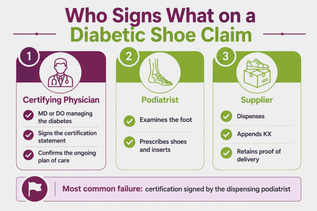 Certifying physician, podiatrist, and supplier roles on a diabetic shoe claim