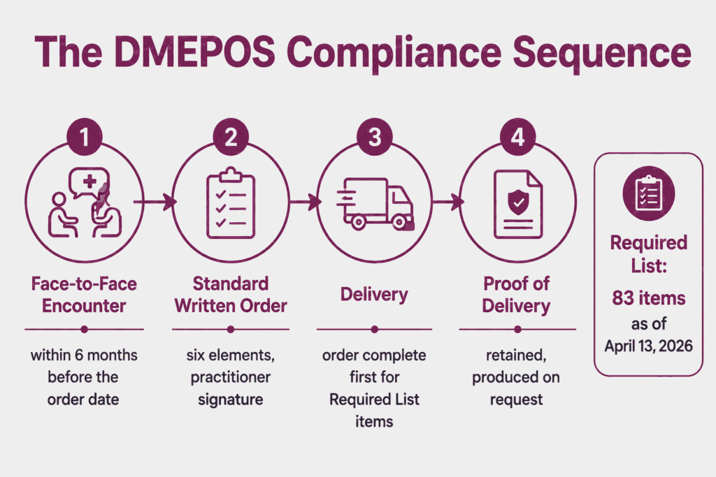 DMEPOS compliance sequence from face-to-face encounter through proof of delivery