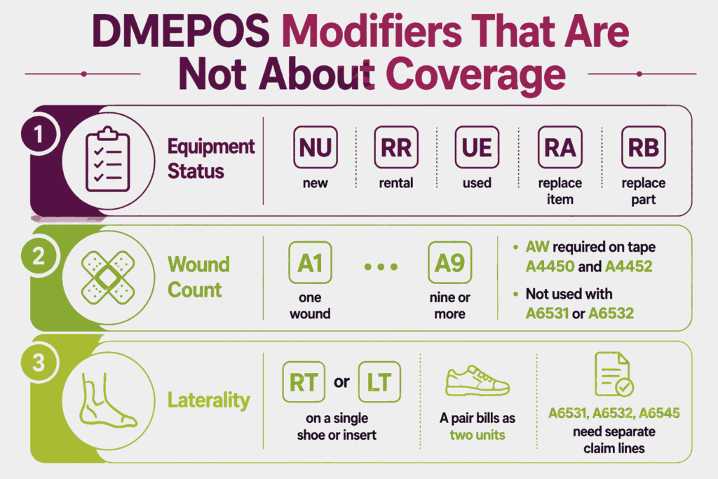 Equipment status, wound count, and laterality modifiers on podiatry DMEPOS claims