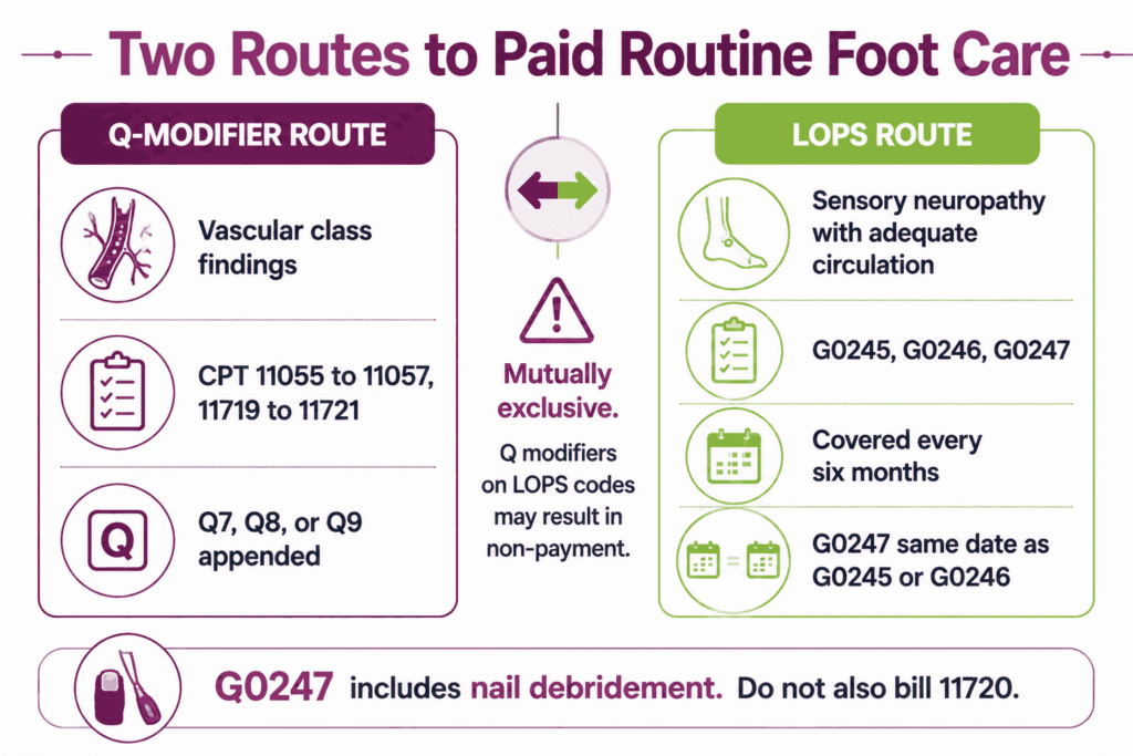 Q modifier route compared with the LOPS G-code route for routine foot care