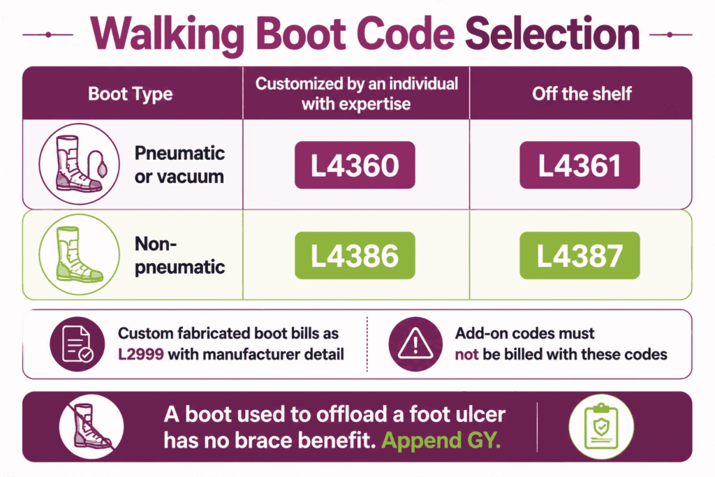Walking boot HCPCS code selection matrix for L4360, L4361, L4386, and L4387