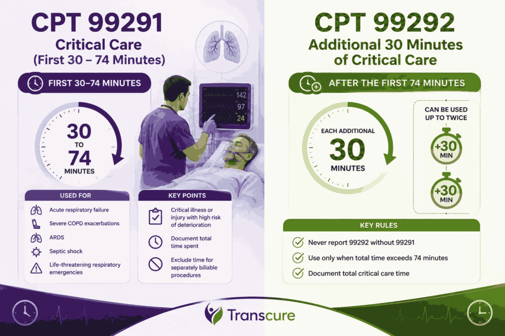 CPT 99291 Critical care (First 30 - 74 Minutes) CPT 99292 Additional 30 Minutes of Critical Care