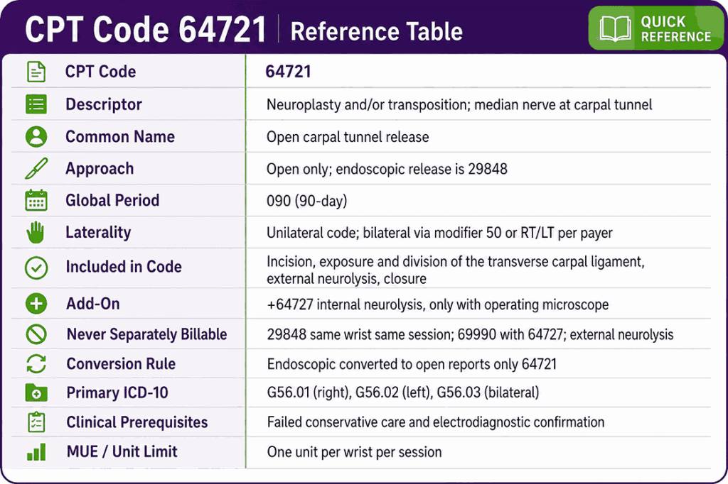 CPT Code 64721 Reference Table