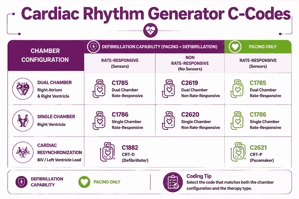 Matrix of pacemaker and defibrillator generator C-codes by chamber configuration and therapy type
