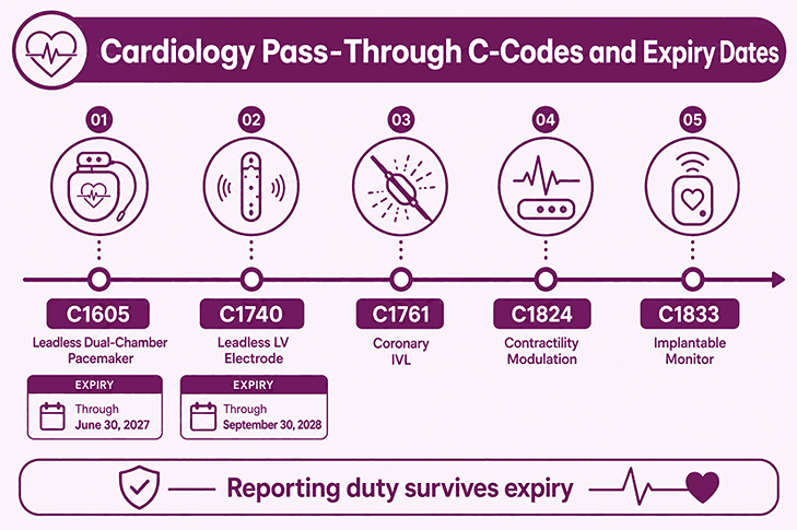 Timeline of cardiology C-codes holding pass-through status with their published expiration dates