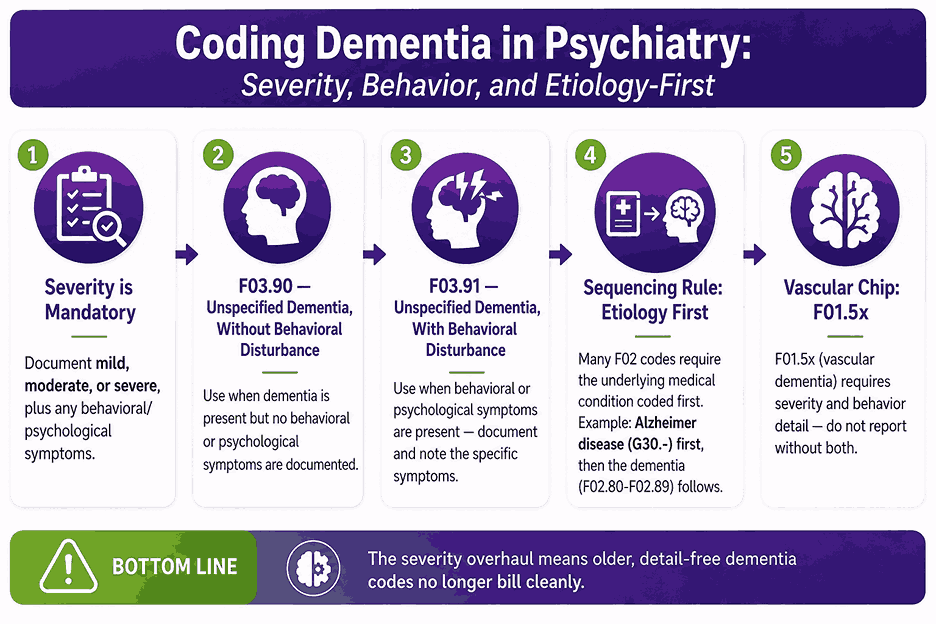 Coding Dementia in Psychiatry Severity, Behavior, and Etiology-First