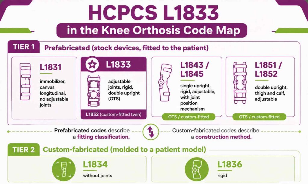 Two-tier code map placing HCPCS L1833 among prefabricated knee orthosis codes and separating them from custom-fabricated L1834 and L1836