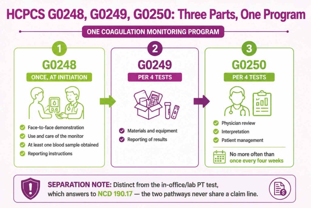 Infographic dividing home INR monitoring across G0248 initiation, G0249 materials per four tests, and G0250 physician review per four tests