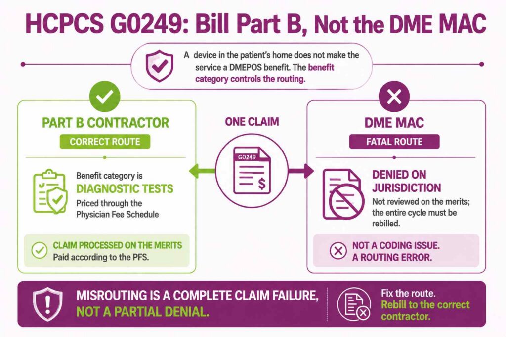 Routing infographic showing HCPCS G0249 bills to the Part B contractor as a diagnostic test while DME MAC claims are denied for incorrect jurisdiction