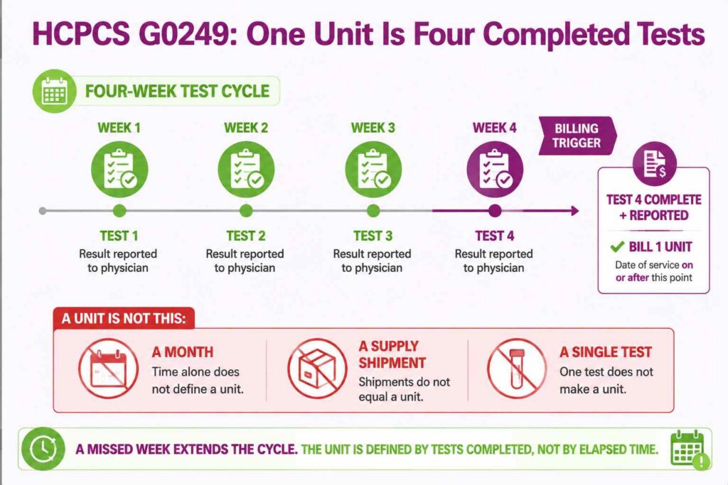 Infographic showing the home INR monitor, test strips, lancets, and reporting all included in the HCPCS G0249 practice expense payment