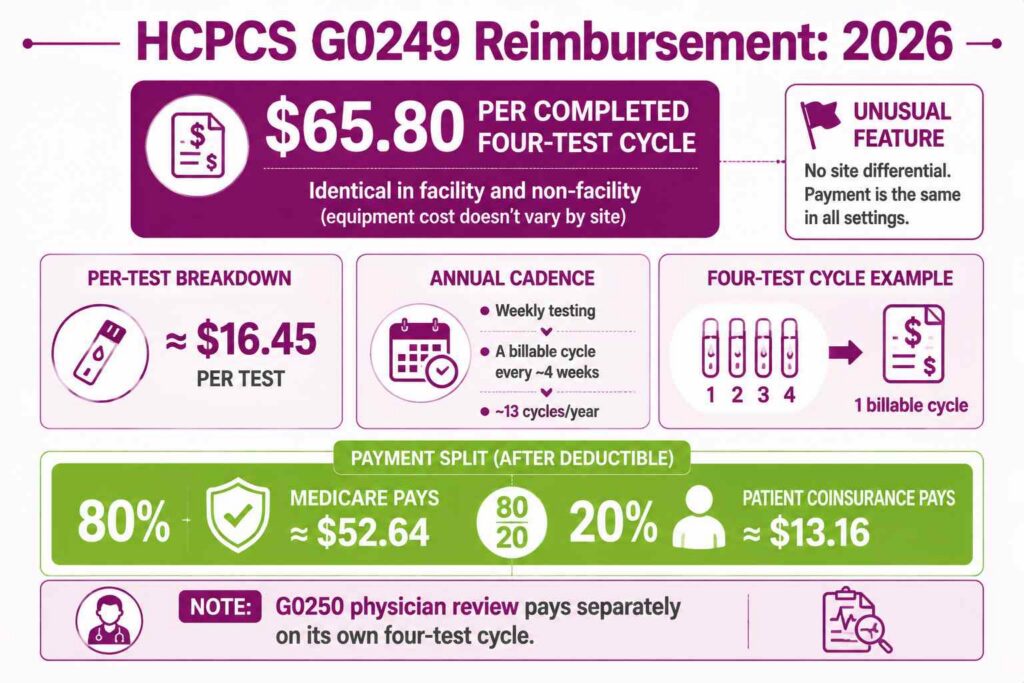 Infographic showing the 2026 Medicare payment of 65.80 dollars per completed four-test HCPCS G0249 cycle with per-test and coinsurance breakdown
