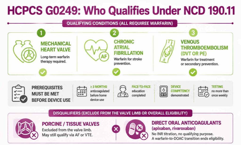 Infographic of NCD 190.11 eligibility for HCPCS G0249 with the tissue valve and direct oral anticoagulant exclusions flagged