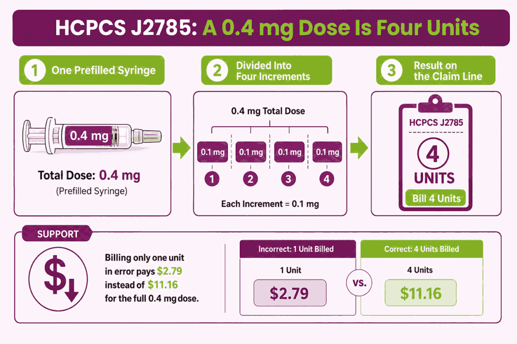 Infographic showing a 0.4 mg regadenoson syringe equals four billing units of HCPCS J2785