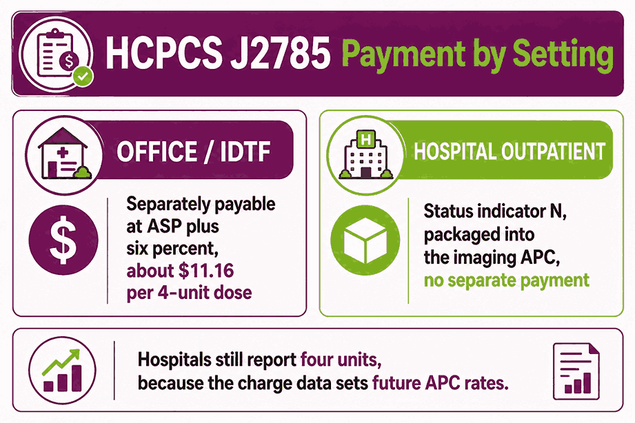 Infographic contrasting separately payable office payment for HCPCS J2785 with packaged hospital outpatient status