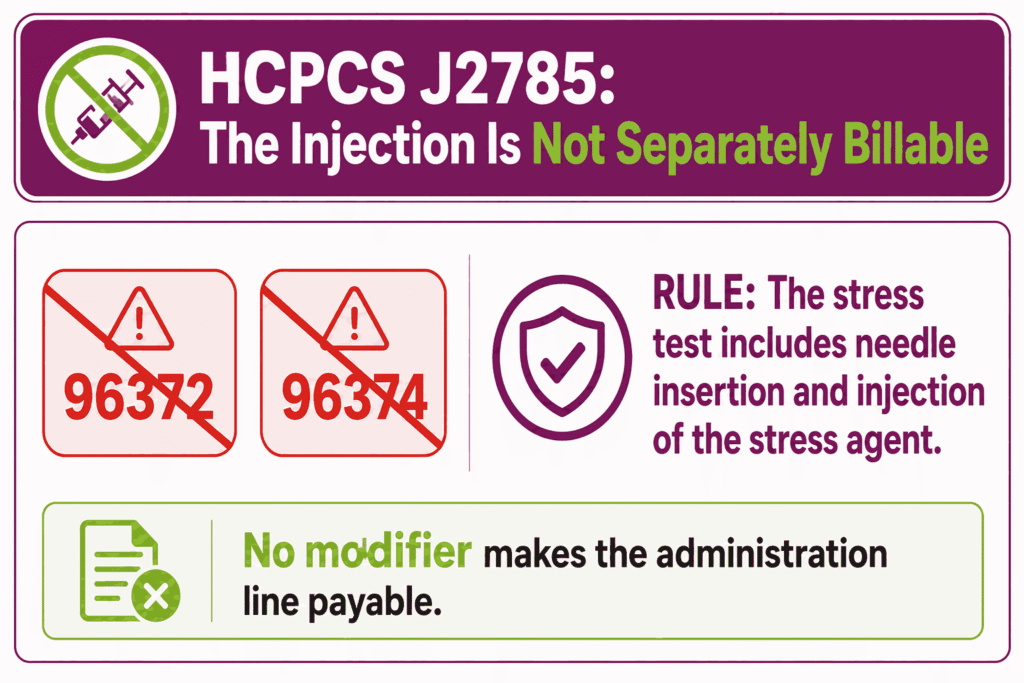 Infographic showing administration codes 96372 and 96374 cannot be billed with HCPCS J2785