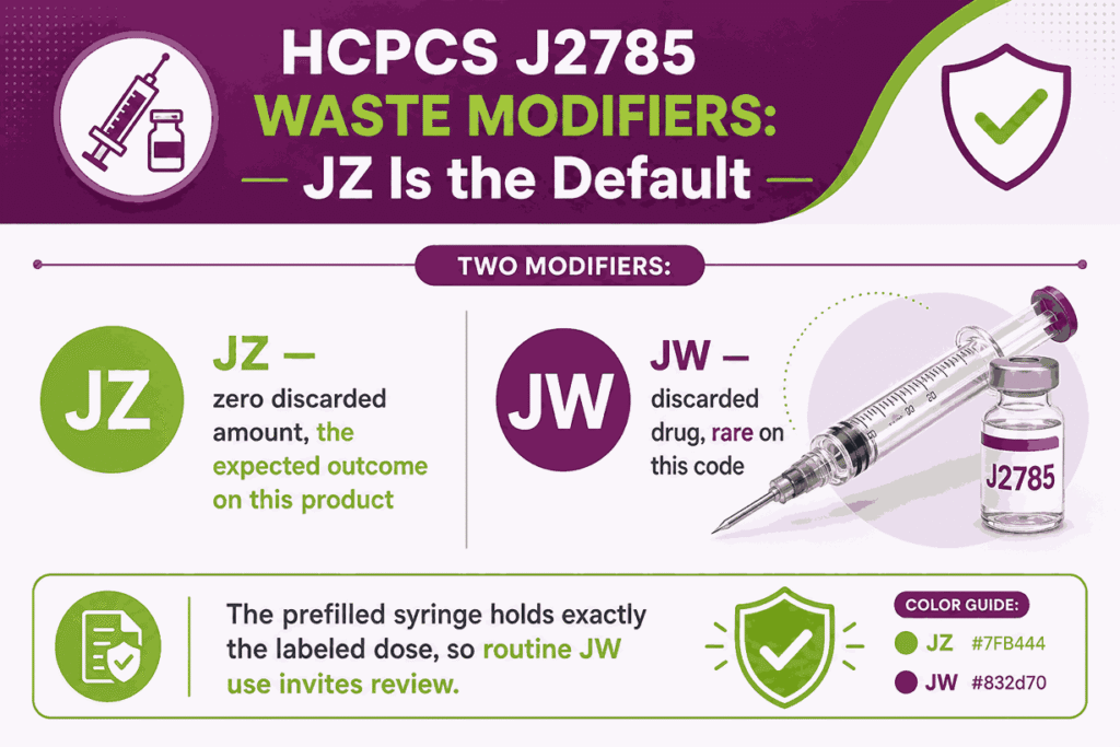 Infographic showing JZ as the default zero-waste modifier for HCPCS J2785 with JW rare