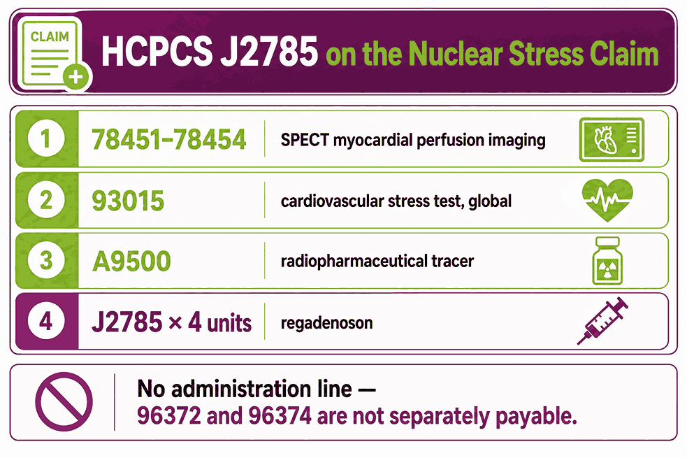 Claim-line infographic showing the four billable components of a nuclear stress study including HCPCS J2785 at four units
