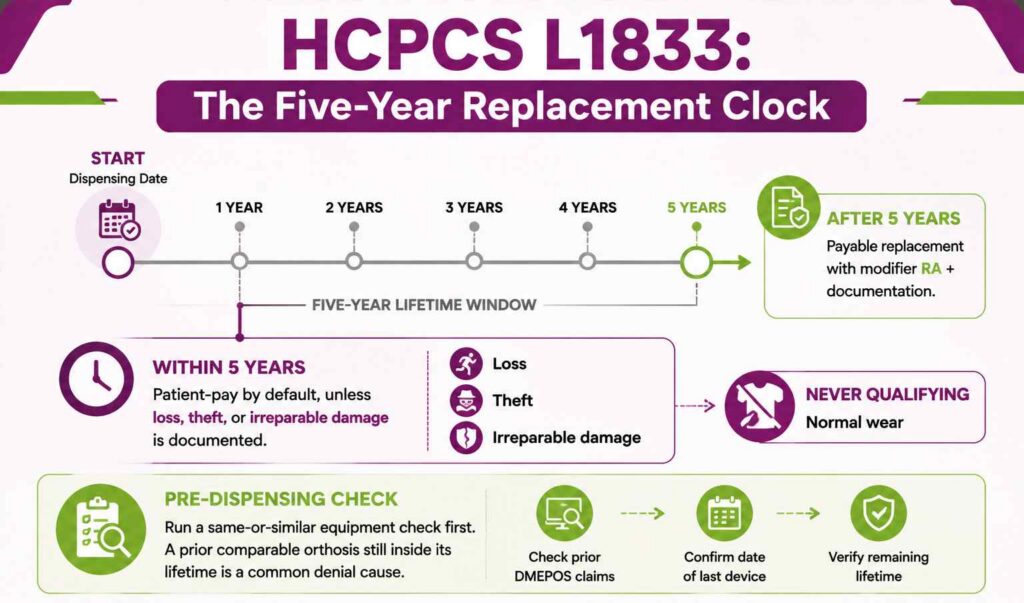 Timeline infographic of the five-year reasonable useful lifetime governing HCPCS L1833 replacement with modifier RA and the qualifying exceptions
