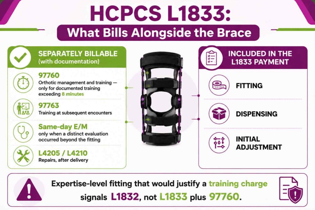 Infographic showing which services bill alongside HCPCS L1833 and which are included in the base payment