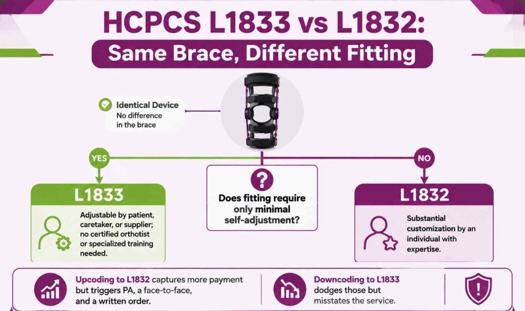 Decision infographic showing the same knee brace codes as L1833 or L1832 based solely on whether fitting requires minimal self-adjustment
