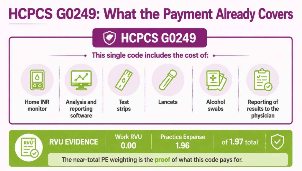 Timeline infographic showing one unit of HCPCS G0249 equals four completed weekly tests with the billing date falling on or after the fourth test