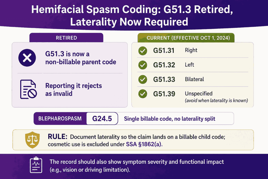 Hemifacial Spasm Coding G51.3 Retired, Laterality Now Required