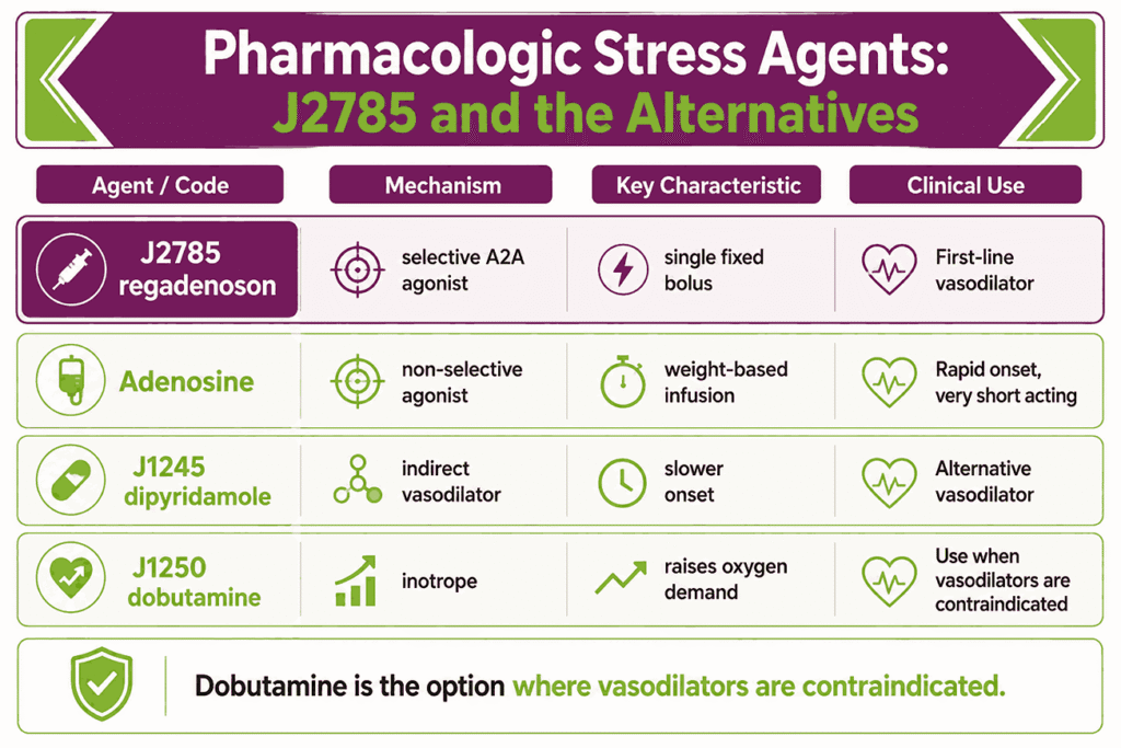 Infographic showing a 0.4 mg regadenoson syringe equals four billing units of HCPCS J2785