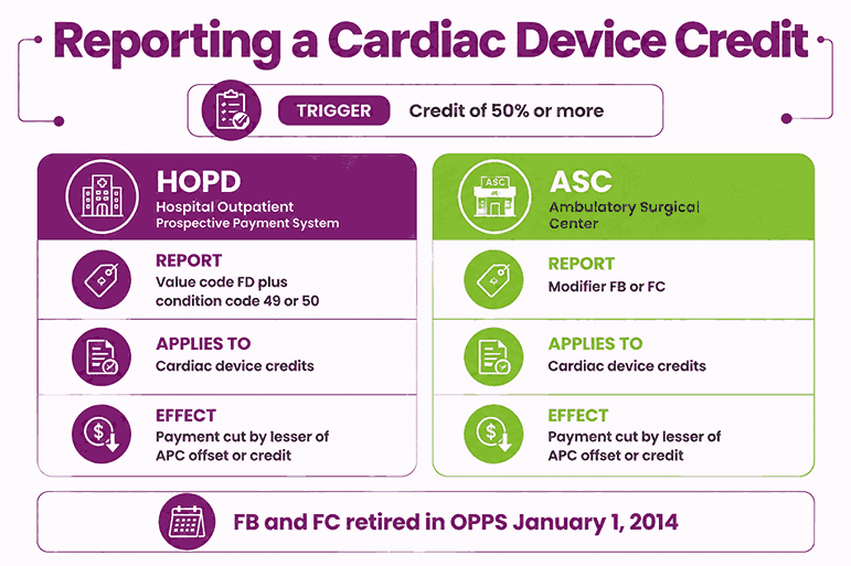 Comparison grid of hospital outpatient and ASC reporting formats for a cardiac device credit