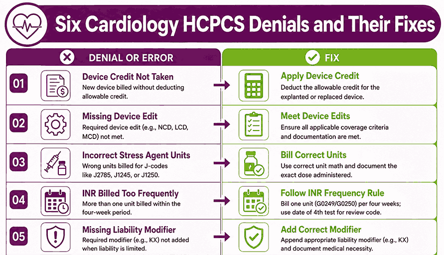 Grid pairing six common cardiology HCPCS denial causes with their corrective action