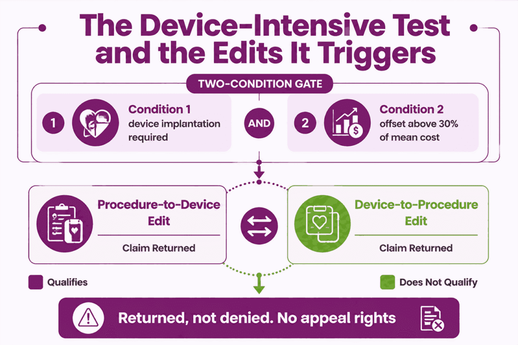 Diagram of the OPPS device-intensive threshold test and the two edit directions that return a cardiology claim