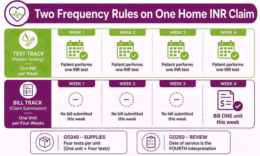 Four-week calendar contrasting the weekly INR testing rule with the four-week billing rule