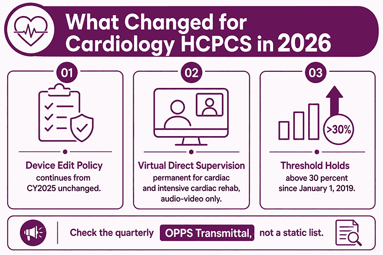 Three-panel summary of the 2026 device, supervision, and threshold rules affecting cardiology HCPCS coding