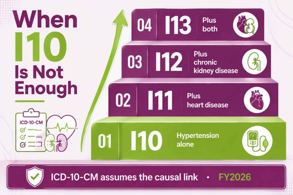 Hypertension ICD-10 escalation from I10 to I11, I12, and I13 combination codes