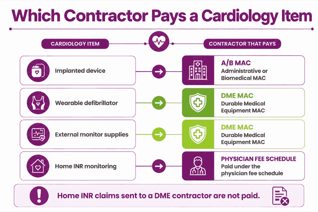 Routing map showing which Medicare contractor pays each category of cardiology HCPCS item