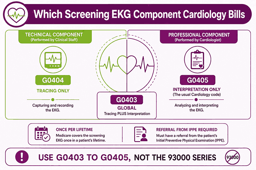 Diagram splitting the IPPE screening EKG into technical and professional components with the matching G-codes