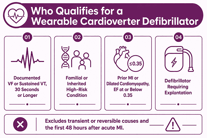 Card showing the four LCD L33690 coverage criteria for a wearable cardioverter defibrillator and its two exclusions