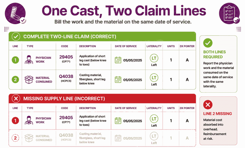 Two claim lines required when billing a cast application and its supply