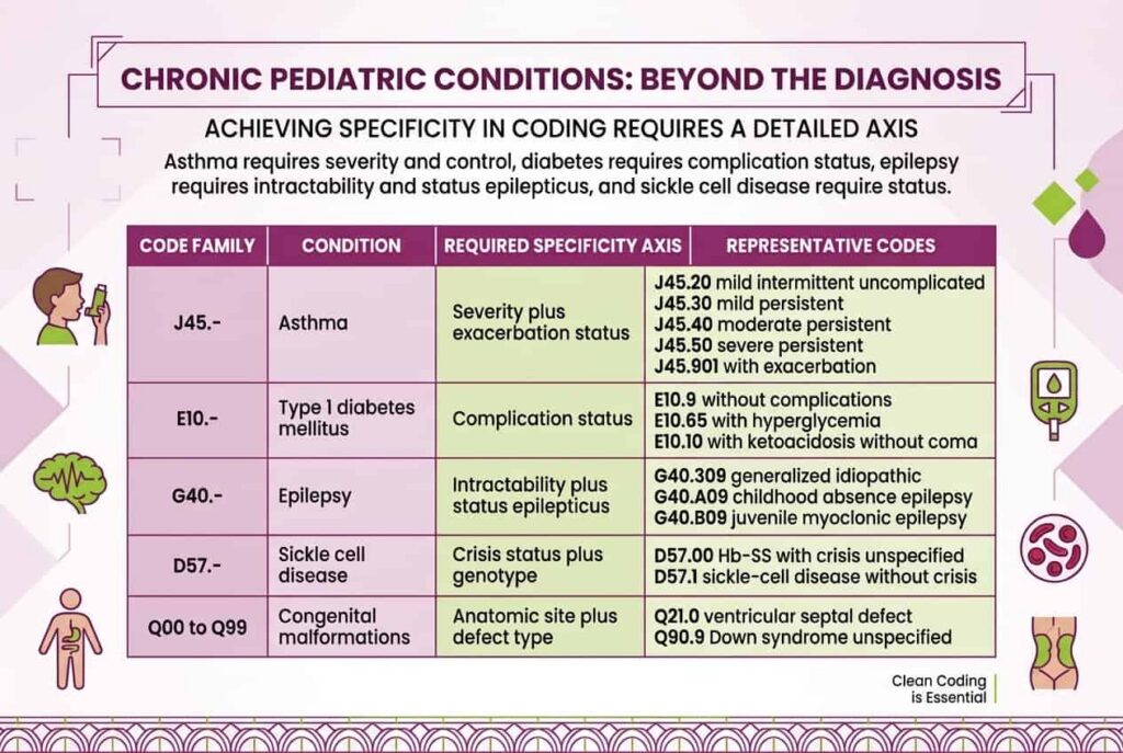 ICD-10 coding specificity for chronic pediatric conditions including asthma, diabetes, epilepsy, sickle cell disease, and congenital conditions