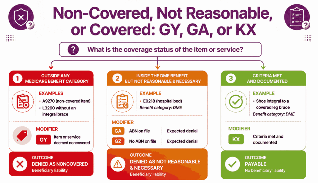 Three modifier paths for orthopedic HCPCS items based on coverage status