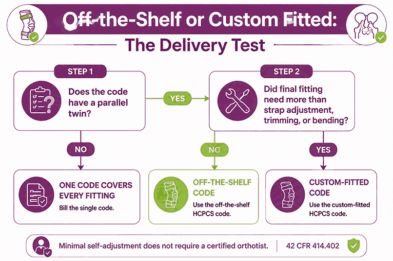 Decision flow choosing between off-the-shelf and custom-fitted HCPCS orthosis codes
