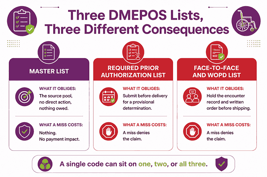 Comparison of the DMEPOS master list, prior authorization list, and face-to-face list