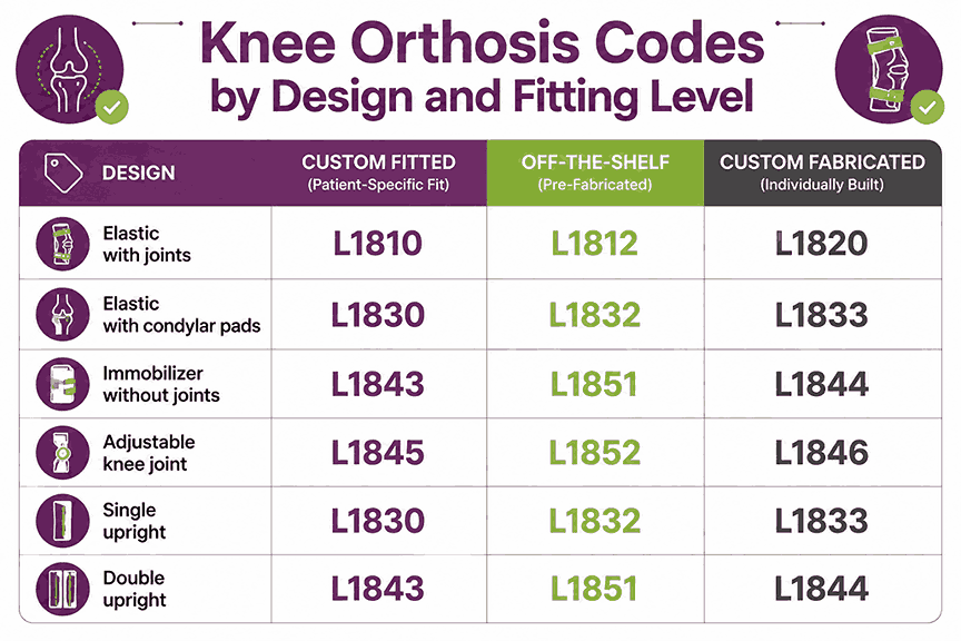 Grid placing knee orthosis HCPCS codes by design and fitting level