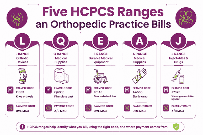 Five HCPCS Level II code ranges used in orthopedic billing with example codes and payment routes