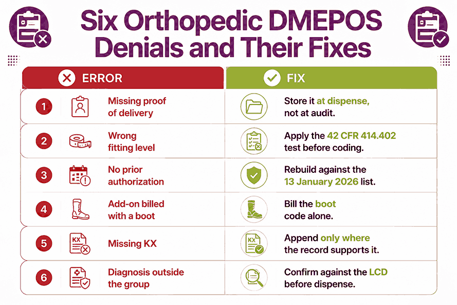 Six common orthopedic HCPCS denial reasons paired with their fixes
