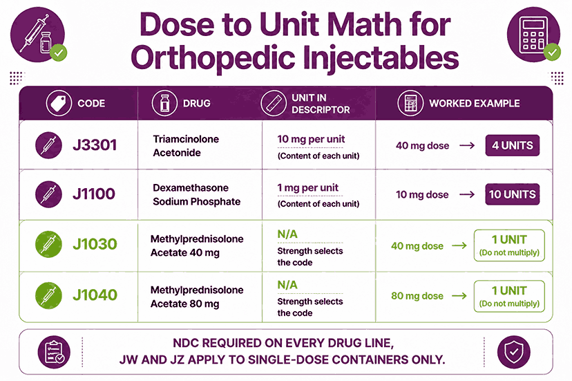 Dose to unit conversion for four orthopedic injectable HCPCS codes with worked examples