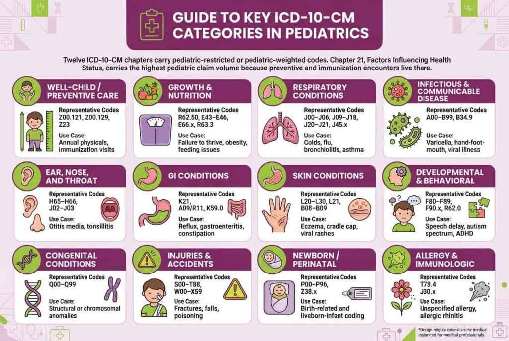 Key ICD-10-CM code categories in pediatrics covering preventive care, respiratory, infectious, developmental, congenital, and other conditions