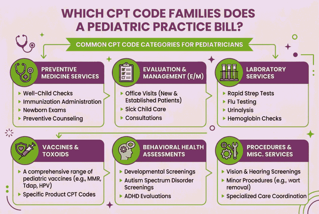 Pediatric immunization billing CPT codes showing vaccine administration types, critical component rule, and reporting guidelines
