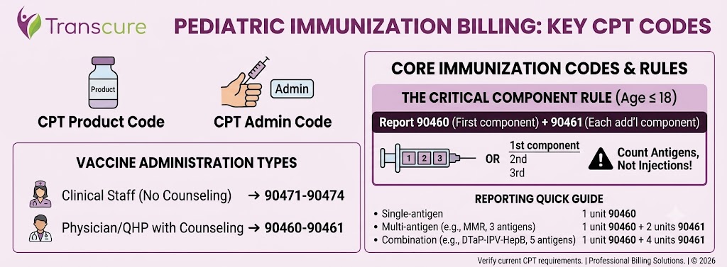 CPT code families commonly billed by pediatric practices, including preventive, E/M, laboratory, vaccine, behavioral health, and procedure services