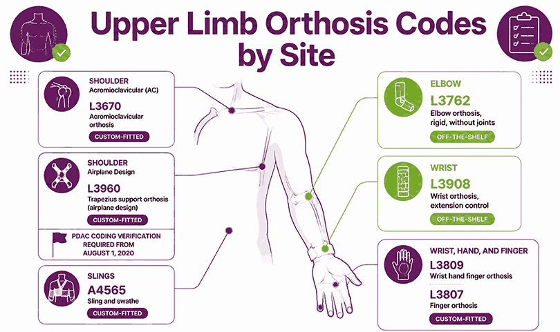 Upper limb orthosis HCPCS codes mapped by anatomic site